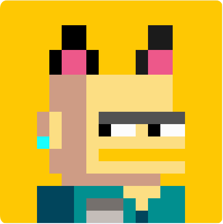 A pixel art style illustration depicts a character with cat-like ears and pink inner ear accents, featuring a half-white, half-black eye design and wearing a teal and gray outfit against a bright yellow background, representing a creative entry in the first NFT series on Zcash ($ZEC) as referenced in the accompanying post.