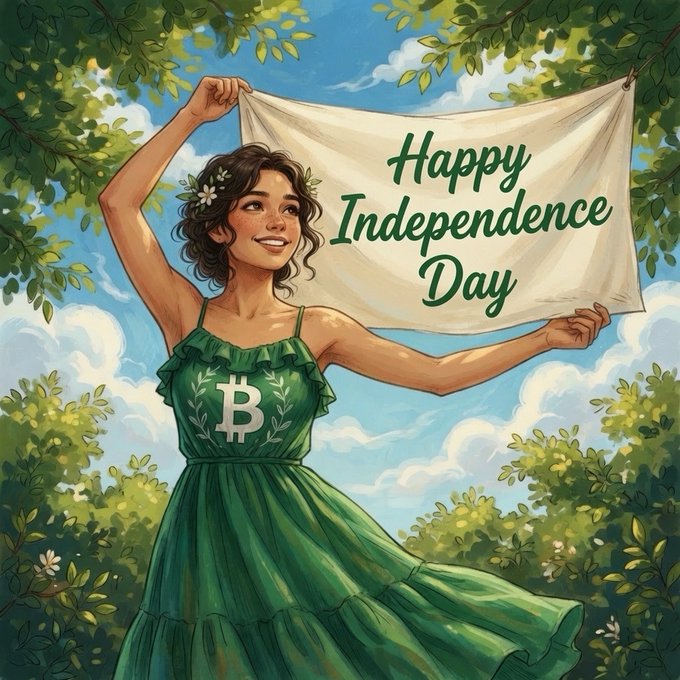 Illustration of a smiling woman in a green dress with a Bitcoin logo holding a banner reading "Happy Independence Day" against a leafy, blue-sky background.