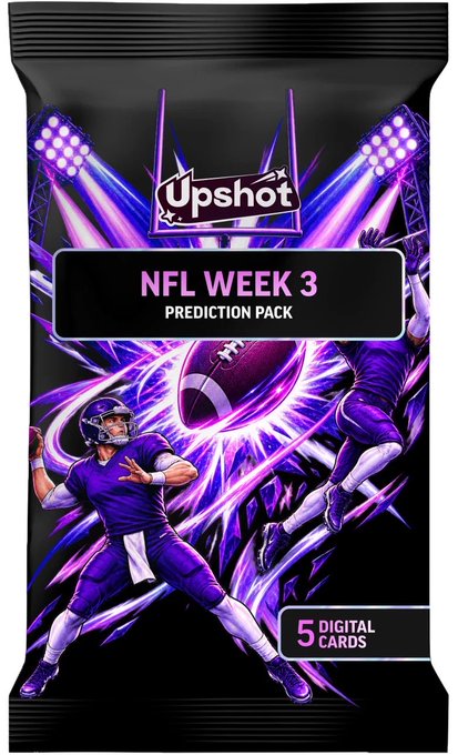 An Upshot digital trading card pack titled 'NFL WEEK 3 PREDICTION PACK' featuring illustrated football players in purple uniforms and listing '5 DIGITAL CARDS' in the corner.