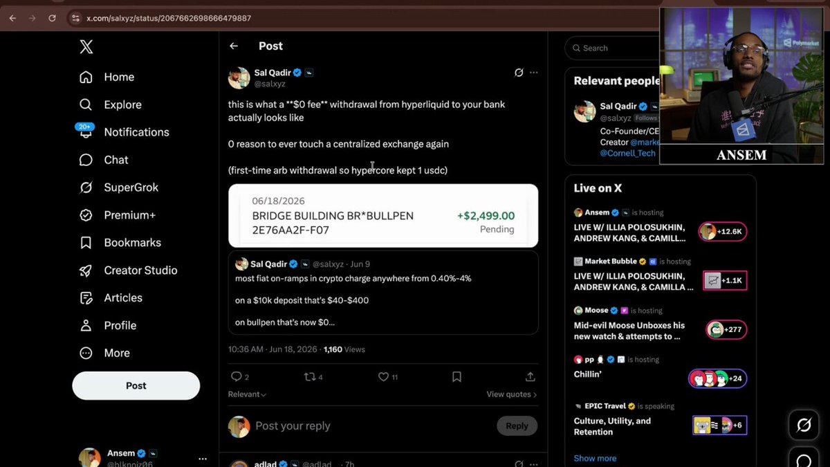 The image shows a screenshot of an account called "Bullpen", which seems to be related to the exchange services they claim are free. The account has 2 users, but only 1 is active at this time - a man who appears to be engaged in a conversation about money or exchanges with another person. In his message, he references moving money between different accounts as being FREE and mentions that the amount moved is $4,000. However, it should be noted that there might be fees associated with these transactions, based on the account balance and transaction type (either wire orACH). The primary focus of the image is on this conversation between users "Liam" and "Aubrey", which may provide some insight into how they are discussing their account balances or exchanging money.