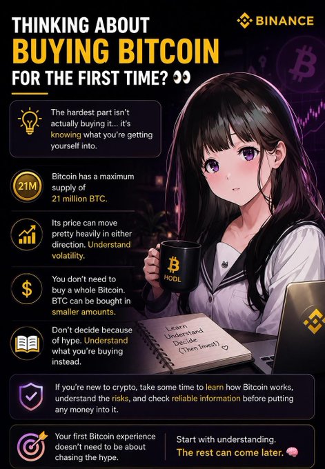 A Binance infographic titled 'THINKING ABOUT BUYING BITCOIN FOR THE FIRST TIME?' featuring an anime-style girl holding a Bitcoin mug, with tips like '21M' supply and understanding volatility.