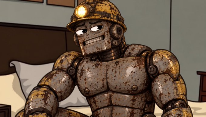 A battered, rusty robot miner wearing a yellow hard hat with a glowing headlamp sits on a bed, its expression weary and teeth clenched in a grimace. The image humorously illustrates the caption's joke about mining tokens, with the weary robot embodying the exhausted feeling of watching the project's price action after sniping the launch.