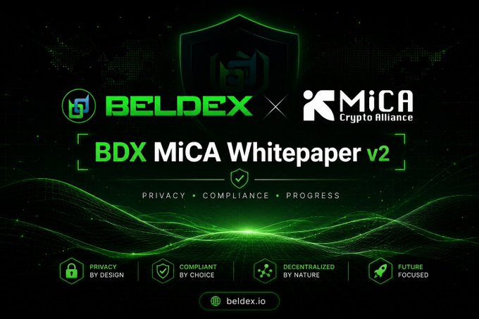 A promotional banner for 'BDX MiCA Whitepaper v2' by BelDex in collaboration with MiCA Crypto Alliance, highlighting principles of privacy, compliance, decentralized nature, and future focus at beldex.io.