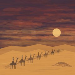 An illustrated sunset desert scene with a large pale moon, dark red clouds, and silhouettes of a caravan of camels and riders crossing the sand dunes.