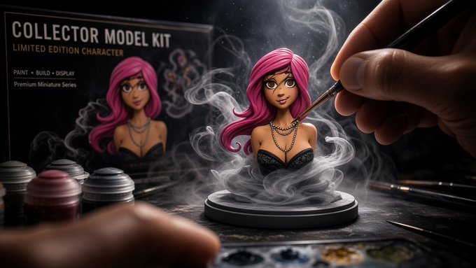 A hand holding a paintbrush applies color to a miniature figurine of a pink-haired woman on a stand, with packaging labeled 'COLLECTOR MODEL KIT, LIMITED EDITION CHARACTER, PAINT, BUILD, DISPLAY, Premium Miniature Series' in the background.