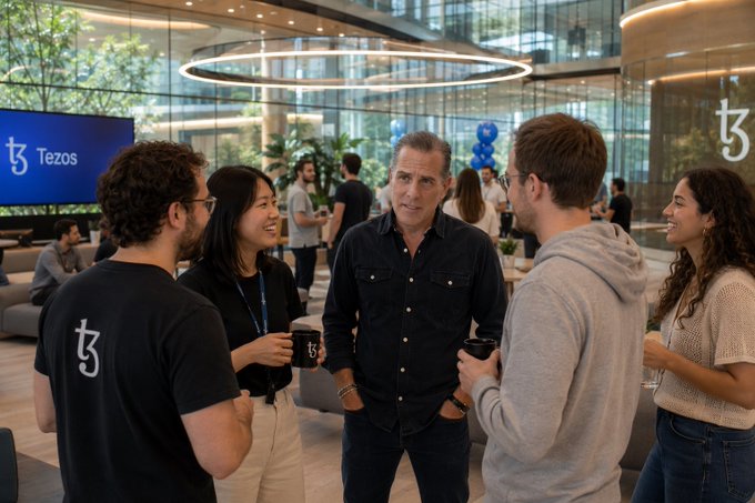 A group of people converse at what appears to be a Tezos tech event, with one man wearing a black Tezos-branded T-shirt visible on the left, and a large digital Tezos (tez) logo displayed on screens in the background of a modern, bright venue.