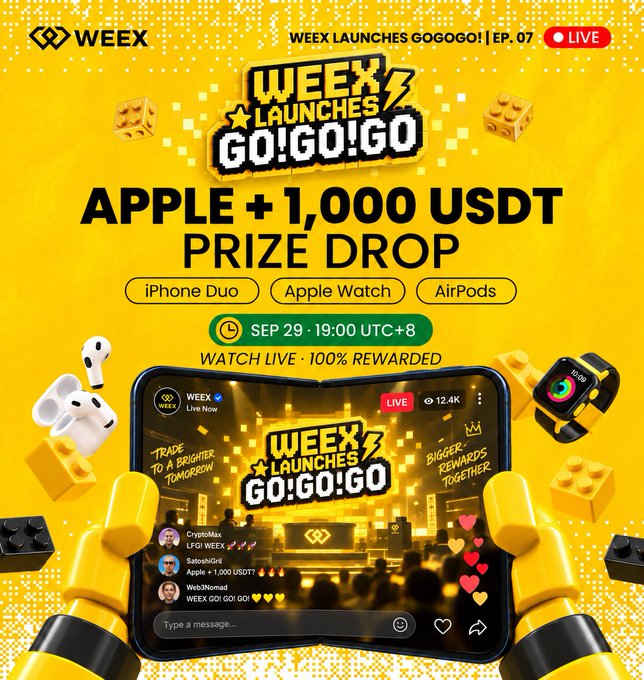 WEEX promotional banner for 'WEEX LAUNCHES GO!GO!GO | EP. 07' live event on Sep 29 at 19:00 UTC+8, offering an Apple + 1,000 USDT prize drop including iPhone Duo, Apple Watch, and AirPods.