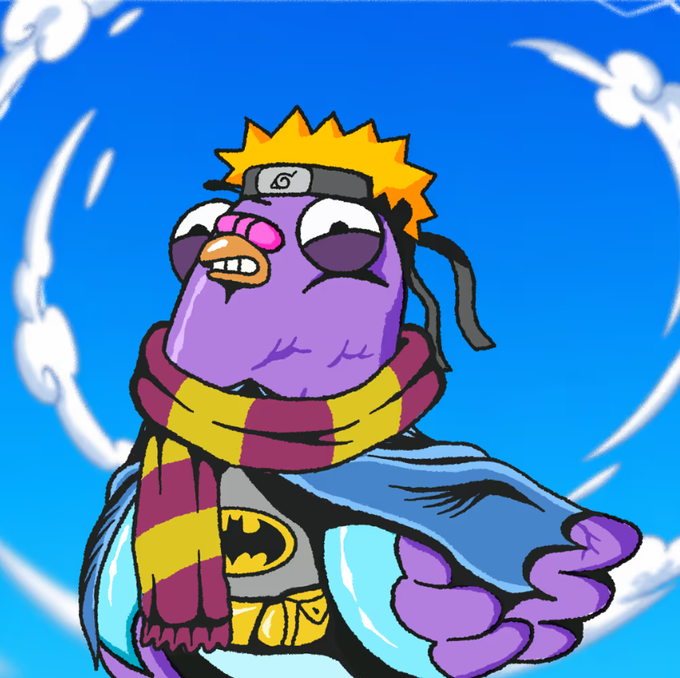 A purple cartoon bird-like character with spiky yellow hair wears a Naruto headband and a Batman t-shirt under a maroon and gold striped scarf, posing dramatically against a blue sky with swirling clouds. The image's heroic, mashup character aesthetic humorously parallels the post's tone about Winston NFT being a "superhero" agent on Telegram that can directly assist with @RallyOnChain campaigns, suggestions, and drop notifications.