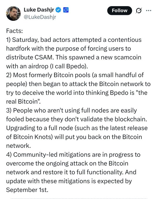 A screenshot of a post by verified user Luke Dashjr (@LukeDashjr) listing four facts about a contentious Bitcoin hardfork, mentioning a scamcoin called 'Bpedo' and community-led mitigations expected by September 1st.