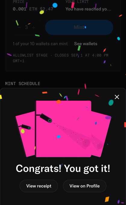 A "Congrats! You got it!" success notification appears over a minting interface priced at 0.001 ETH (~$2.47), indicating the user successfully minted an NFT during the LSA allowlist stage, which closes September 1 at 4:00 PM GMT+1.