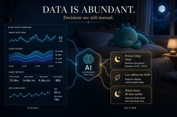 An infographic titled 'DATA IS ABUNDANT. Decisions are still manual.' displaying sleep analysis charts, AI insights, and recommended actions next to a sleeping character.
