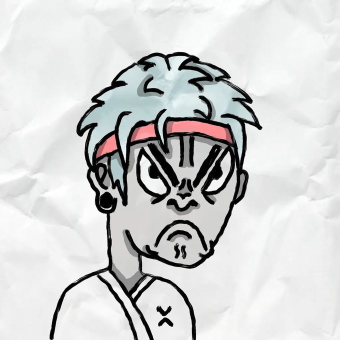 A cartoon-style illustration of an angry character with spiky teal hair, a red headband, facial piercings, and a white outfit, drawn over a crumpled paper background.