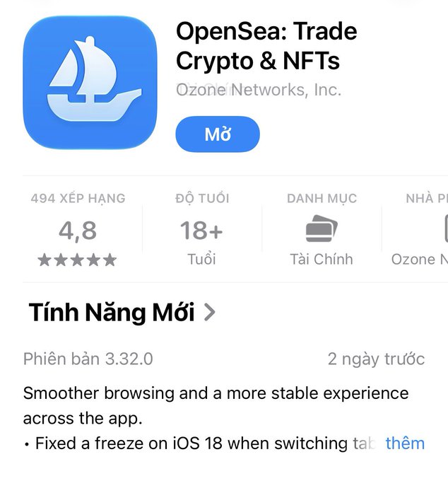 An App Store listing for 'OpenSea: Trade Crypto & NFTs' by Ozone Networks, Inc., rated 4.8 stars with 494 rankings, age 18+, showing update version 3.32.0 from 2 days ago with notes 'Smoother browsing and a more stable experience across the app' and 'Fixed a freeze on iOS 18 when switching tab'.