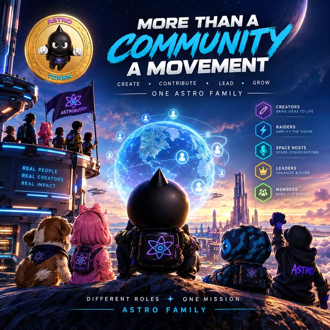 Promotional graphic titled 'MORE THAN A COMMUNITY A MOVEMENT' for the ASTRO token, highlighting roles like CREATORS, RAIDERS, SPACE HOSTS, LEADERS, and MEMBERS within the 'ASTRO FAMILY'.