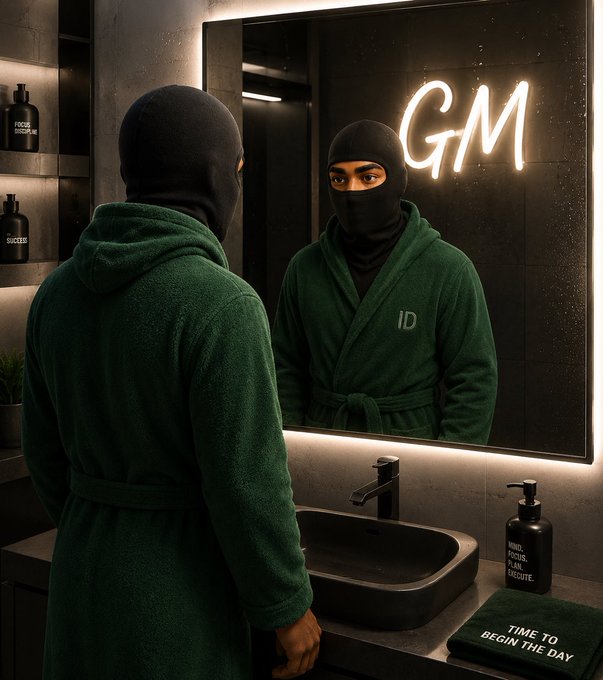 A person wearing a green bathrobe and black face covering stands before a mirror with neon 'GM' signage, with bath products visible on shelves.