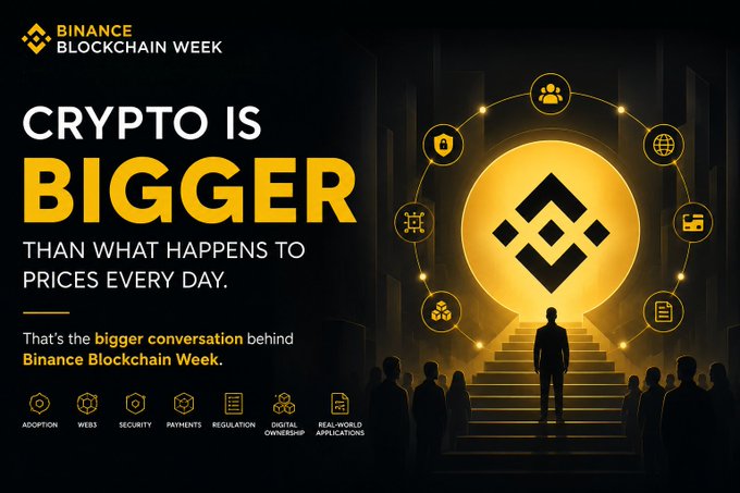 This Binance Blockchain Week promotional image boldly states "CRYPTO IS BIGGER THAN WHAT HAPPENS TO PRICES EVERY DAY," showcasing the Binance logo within a glowing circular emblem surrounded by icons representing the industry's key pillars—Adoption, Web3, Security, Payments, Regulation, Digital Ownership, and Real-World Applications—while silhouetted figures gather on illuminated steps, visually reinforcing the message that the event brings the blockchain community together to focus on the substantive topics shaping crypto beyond daily price volatility.