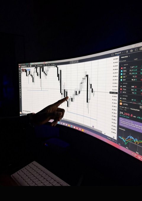 A finger pointing at a financial chart on a curved monitor displaying candlestick patterns and stock tickers including TSLA, AAPL, AMZN, JD, and BABA.