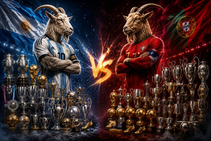 The image depicts a fantasy "GOATWAR" showdown between two goat-headed figures wearing jerseys of Argentina's #10 and Portugal's #7, standing amid massive trophy hauls from World Cups, Champions Leagues, and Ballon d'Ors, with their career accolades listed on either side separated by a fiery "VS" graphic.