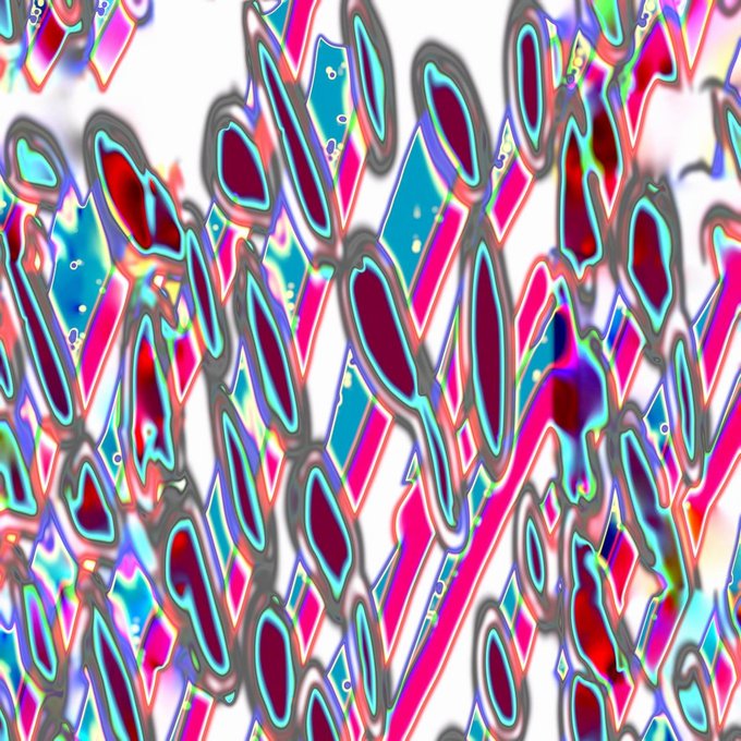An abstract, psychedelic digital artwork with bold red, pink, blue, and white shapes featuring heavy chromatic aberration and outlines.