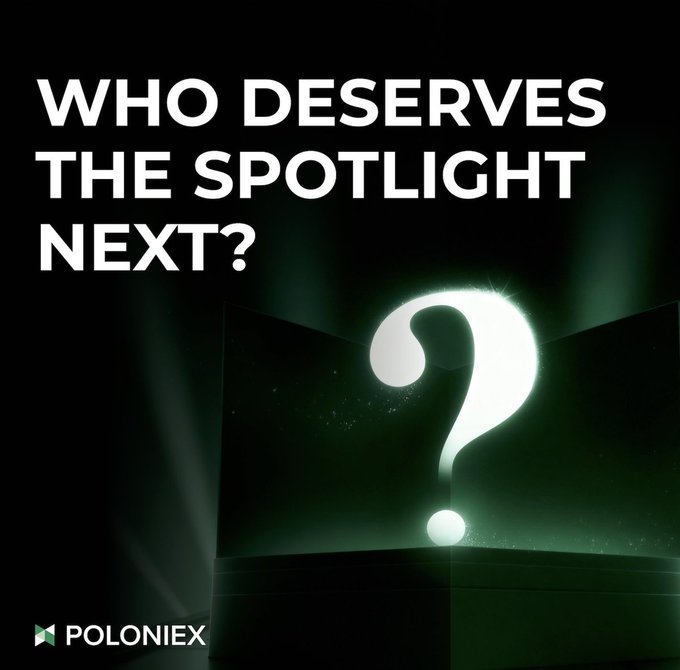 A dark, dramatic graphic with the text "WHO DESERVES THE SPOTLIGHT NEXT?" alongside a glowing question mark emerging from an open box, branded with the Poloniex logo. The image visually reinforces the post's call to action, inviting users to nominate their pick for the "July Star" by dropping it in the comments.