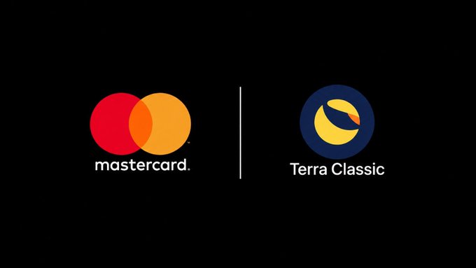 The image shows the Mastercard logo alongside the Terra Classic ($LUNC) logo, separated by a vertical line on a black background. This visual pairing relates to the post's message about holding $LUNC, likely suggesting a partnership or payment integration between the Terra Classic cryptocurrency and Mastercard's payment network.