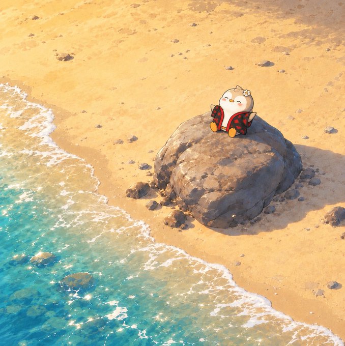 An illustrated cartoon bird with a small flower on its head sits contentedly on a large gray rock on a sandy beach beside turquoise ocean waves.