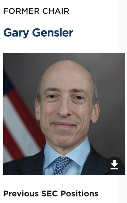 An official photo of Gary Gensler with the text 'FORMER CHAIR' and 'Previous SEC Positions' visible, indicating his former role as SEC Chair.