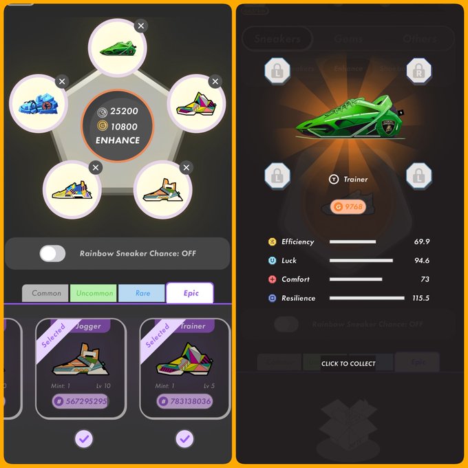 The image shows a screen with two different screens side by side, both displaying information about trainers. The first screen has a green shoe design and offers various options for enhancing the trainer's performance or appearance. The second screen provides more detailed information on the trainer, including its capabilities and how to use it effectively.