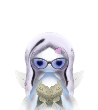 A digital artwork of a pale, ethereal fairy-like character with purple hair, wearing sunglasses and translucent wings, holding a small object that resembles a leaf or shell.