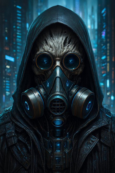 A dark, atmospheric digital artwork shows a hooded figure wearing a tactical gas mask with glowing blue accents against a backdrop of a cyberpunk-style city.