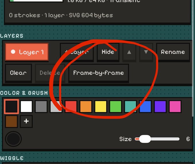 A close-up screenshot of a digital drawing app interface highlighting the 'Frame-by-Frame' button with a red hand-drawn circle, along with layer and color brush settings.