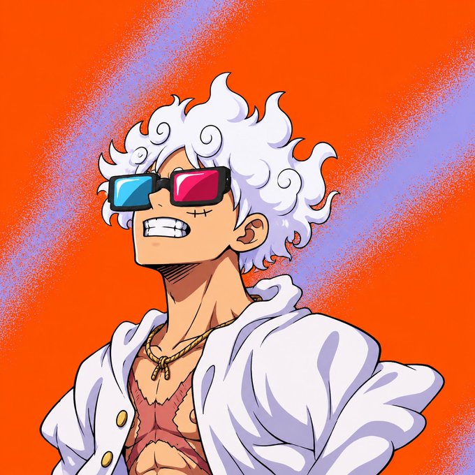 An anime-style illustration depicts a character with spiky white hair, 3D glasses (one blue, one red lens), a gold chain, and a white hooded jacket against an orange background with a purple cross.