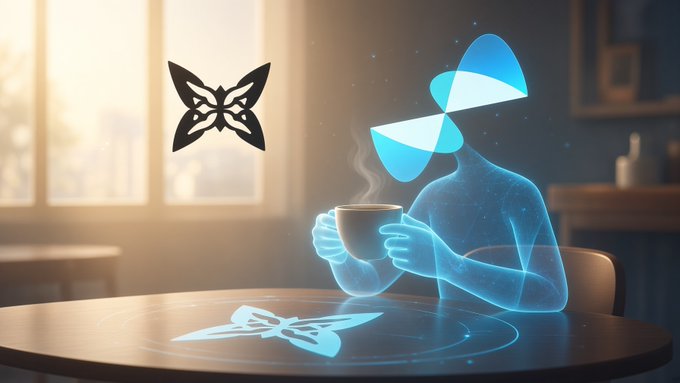 A digital illustration of a glowing blue holographic figure holding a steaming coffee cup at a table, featuring a butterfly logo and a segmented blue butterfly-like emblem floating nearby.