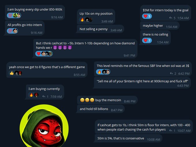 A collage of text messages discussing cryptocurrency prices and price targets for $intern and $cashtoken, featuring a meme avatar of a red creature in a green hood.
