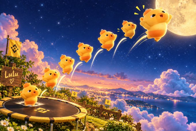 A whimsical illustration of cute yellow hamster-like creatures bouncing on trampolines and flying into a starry night sky with a large moon, featuring a sign labeled 'Lulu'.