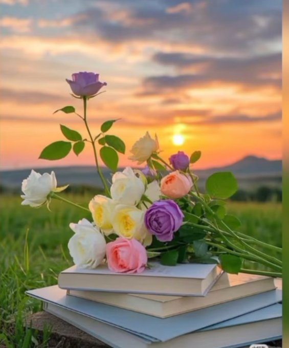 A bouquet of purple, white, and pink roses rests on a stack of books in a grassy field, with a sunset visible over distant hills.