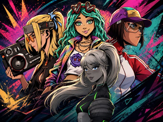 Vibrant stylized illustration featuring four anime-style female characters with bold, contrasting hair colors including blonde, teal, gray, and dark brown, set against a colorful splattered background.