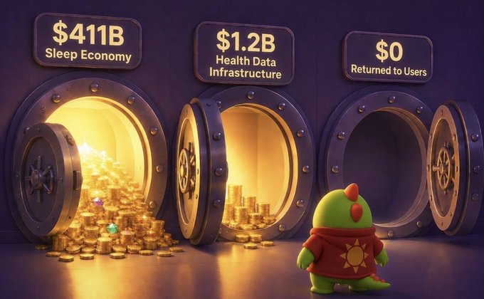 A 3D-rendered infographic displays three vault doors labeled '$411B Sleep Economy', '$1.2B Health Data Infrastructure', and '$0 Returned to Users', with a small green dinosaur character in a red hoodie standing in front.