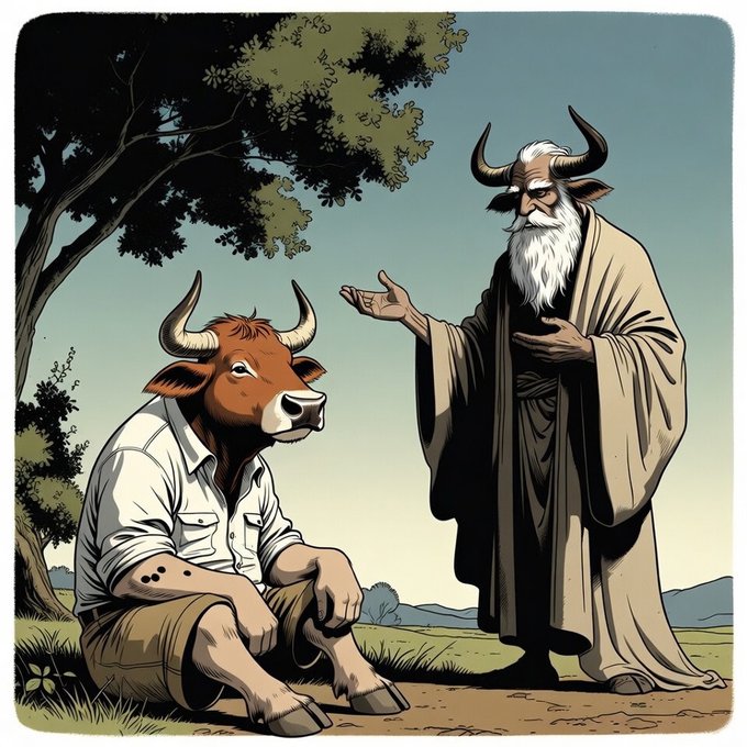 An illustrated scene depicting a wise bearded figure in robes with horns standing and gesturing toward a seated anthropomorphic bull wearing a white shirt and shorts, set in a pastoral landscape.