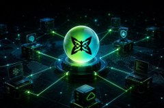 The image depicts a scene with multiple laptops connected together through green energy cords, creating an intricate network of technology devices. In the center of this network is a large glass ball emitting a glow that resembles a butterfly. Surrounding this butterfly are various data science equipment and gadgets, adding to the digital atmosphere. The caption above the image states that "Quantum computing will eventually challenge the cryptographic systems securing today's wallets and blockchains Most projects aren't preparing for that reality yet @quipnetwork already is," which implies the advancements in quantum technology potentially revolutionizing cryptography and computer security.