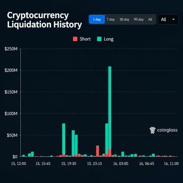 A bar chart titled 'Cryptocurrency Liquidation History' from Coinglass, showing short (red) and long (green) liquidations, with a significant spike of over $200M in long liquidations.