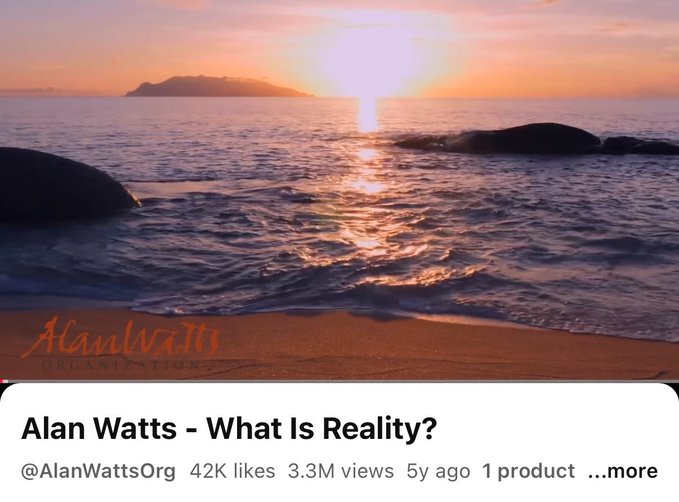 A YouTube video thumbnail for "Alan Watts - What Is Reality?" by @AlanWattsOrg (3.3M views, 42K likes), showing a serene beach sunset scene with an island silhouette on the horizon. The peaceful imagery complements the reflective, contemplative nature of the post "So good," suggesting the viewer found the philosophical content both enjoyable and meaningful.