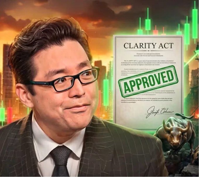 A promotional graphic showing a man in glasses with a 'CLARITY ACT' document stamped 'APPROVED', a stock chart in the background, and a charging bull statue, styled to look like financial/crypto market commentary.