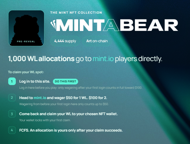 A promotional graphic for 'The Mint NFT Collection - Mint A Bear' with a 6,444 supply, offering 1,000 WL allocations to mint.io players through a four-step claiming process.