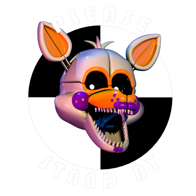 A Five Nights at Freddy's-style animatronic fox head (Mangle) on a black and white checkered circular background with 'PLEASE STAND BY' text.