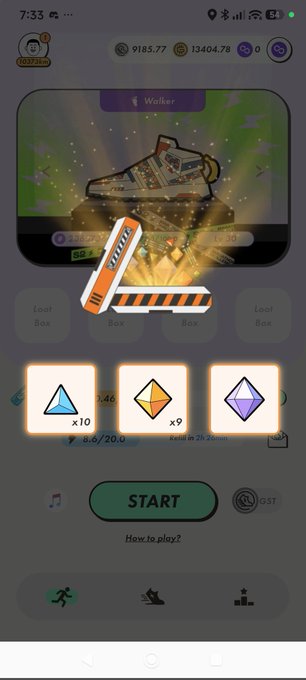 A mobile app screen for a Walker game showing loot boxes with sneaker rewards and three colored gem options (blue, orange, purple) above a START button.
