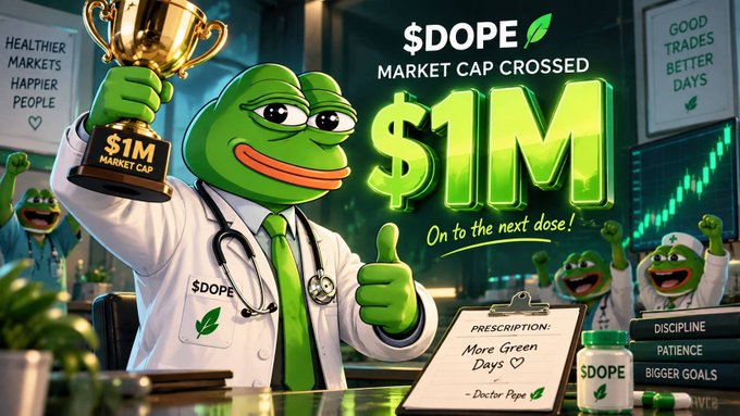 A Pepe the Frog meme dressed as a doctor holds a '$1M MARKET CAP' trophy with text announcing '$DOPE MARKET CAP CROSSED $1M' and 'On to the next dose!'.