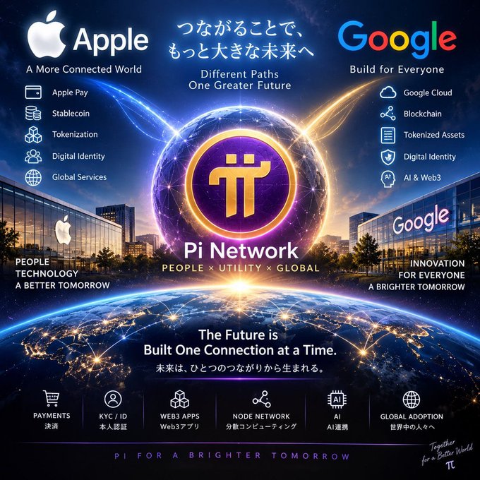 A futuristic promotional graphic depicting Pi Network at the center of an illuminated globe, flanked by the Apple logo on the left under the tagline "A More Connected World" and the Google logo on the right under "Build for Everyone," with the Japanese phrase "つながることで、もっと大きな未来へ" (Toward a Greater Future Through Connection) bridging the two tech giants. The image highlights Pi Network's ecosystem features—including Apple Pay, Stablecoin, Tokenization, and Digital Identity alongside Google Cloud, Blockchain, Tokenized Assets, and AI & Web3—reinforcing the post's message about Apple and Google expanding into blockchain and tokenization while Pi Network builds foundational infrastructure for a connected digital economy.