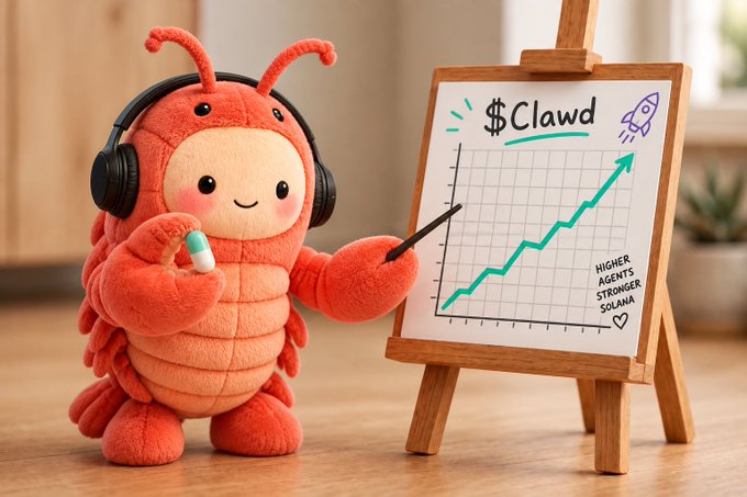 A cartoon-style red plush character wearing black headphones stands beside an easel displaying a rising line graph with the text '$Clawd' and 'HIGHER AGENTS STRONGER SOLANA'.