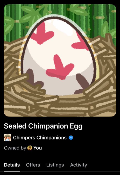 An NFT profile showing a 'Sealed Chimpanion Egg' from the collection 'Chimpers Chimpanions,' featuring a speckled egg resting in a nest.